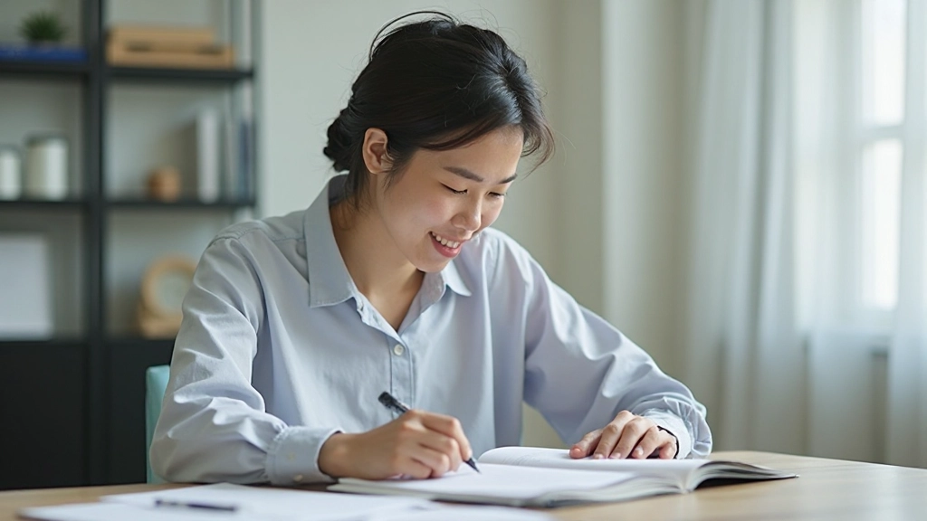 Person showing improvement in studies with organized notes and focused work environment
