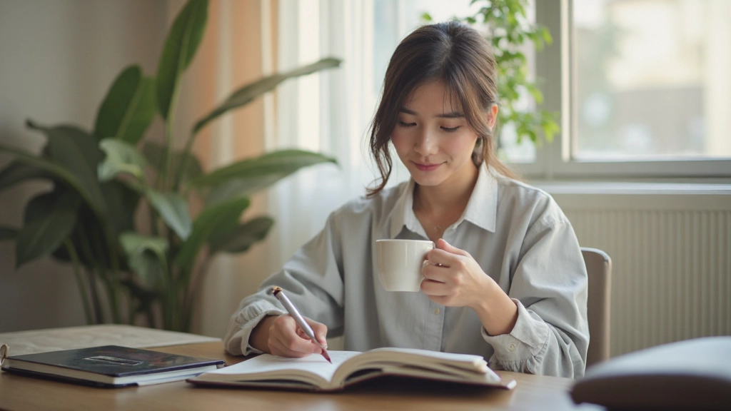 Morning routine scene showing person starting day with intention-setting and planning