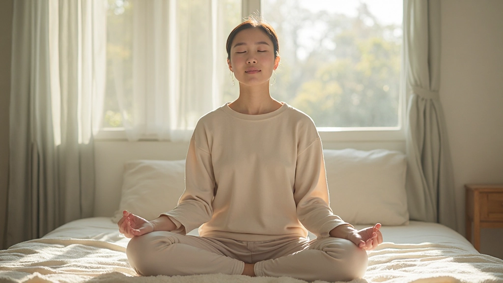 Person in focused state during morning meditation practice, calm expression with soft morning light