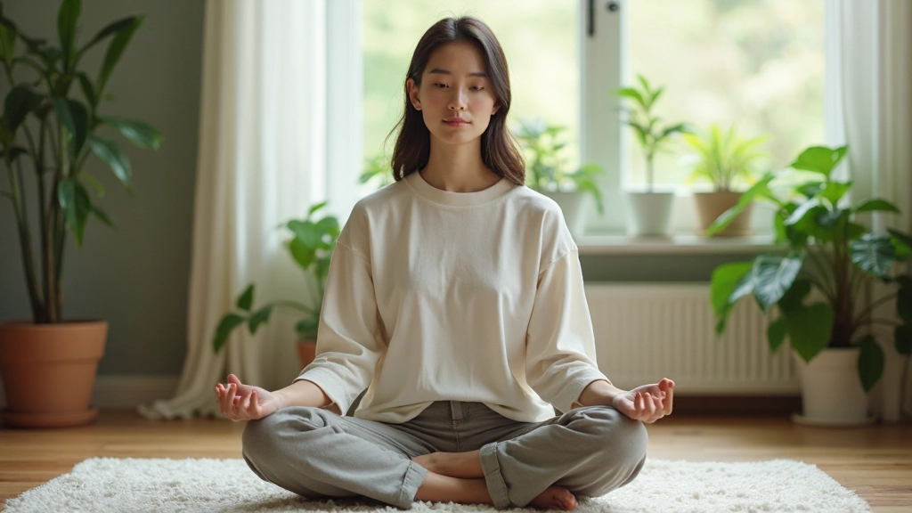 Person practicing mindfulness meditation in peaceful study environment with natural light and plants