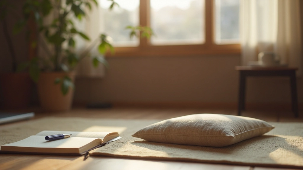 Peaceful workspace with meditation cushion, journal, and warm natural light filtering through window